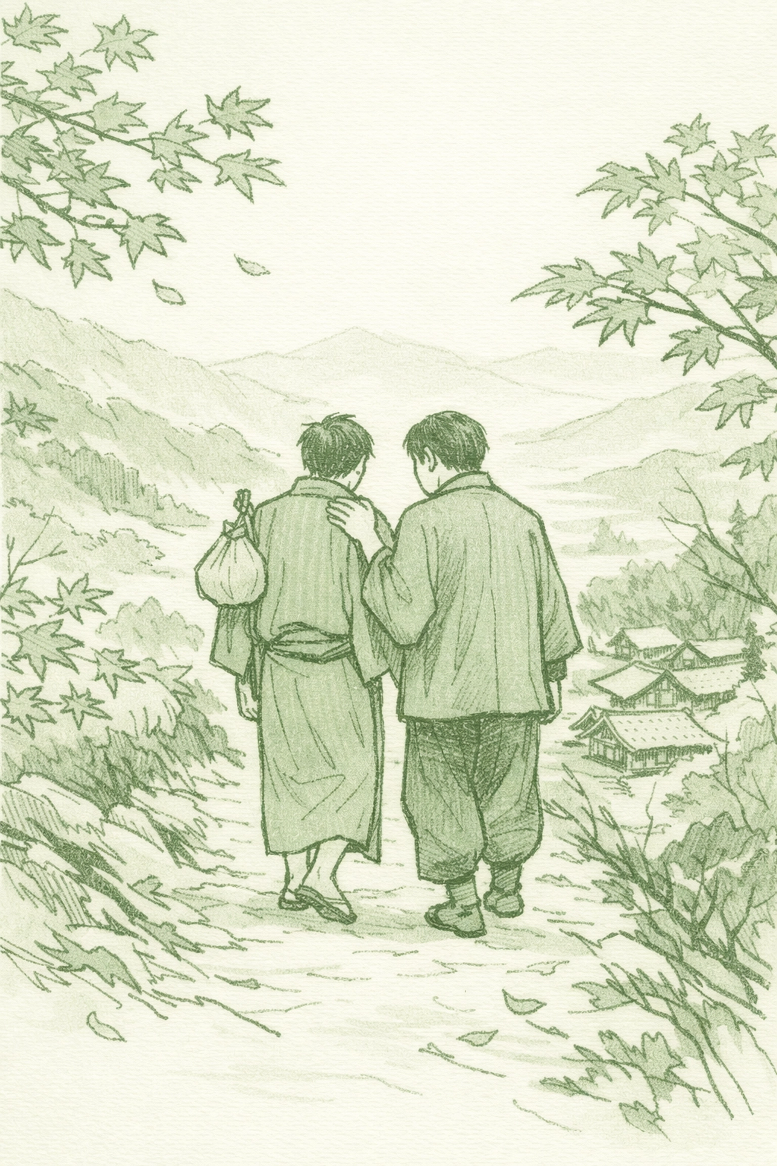 Two men walking mountain path in rural Japan, depicting quiet gay romance and emotional closeness