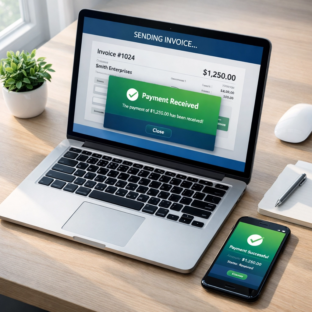 Automated invoice system showing payment received notification for faster cash flow