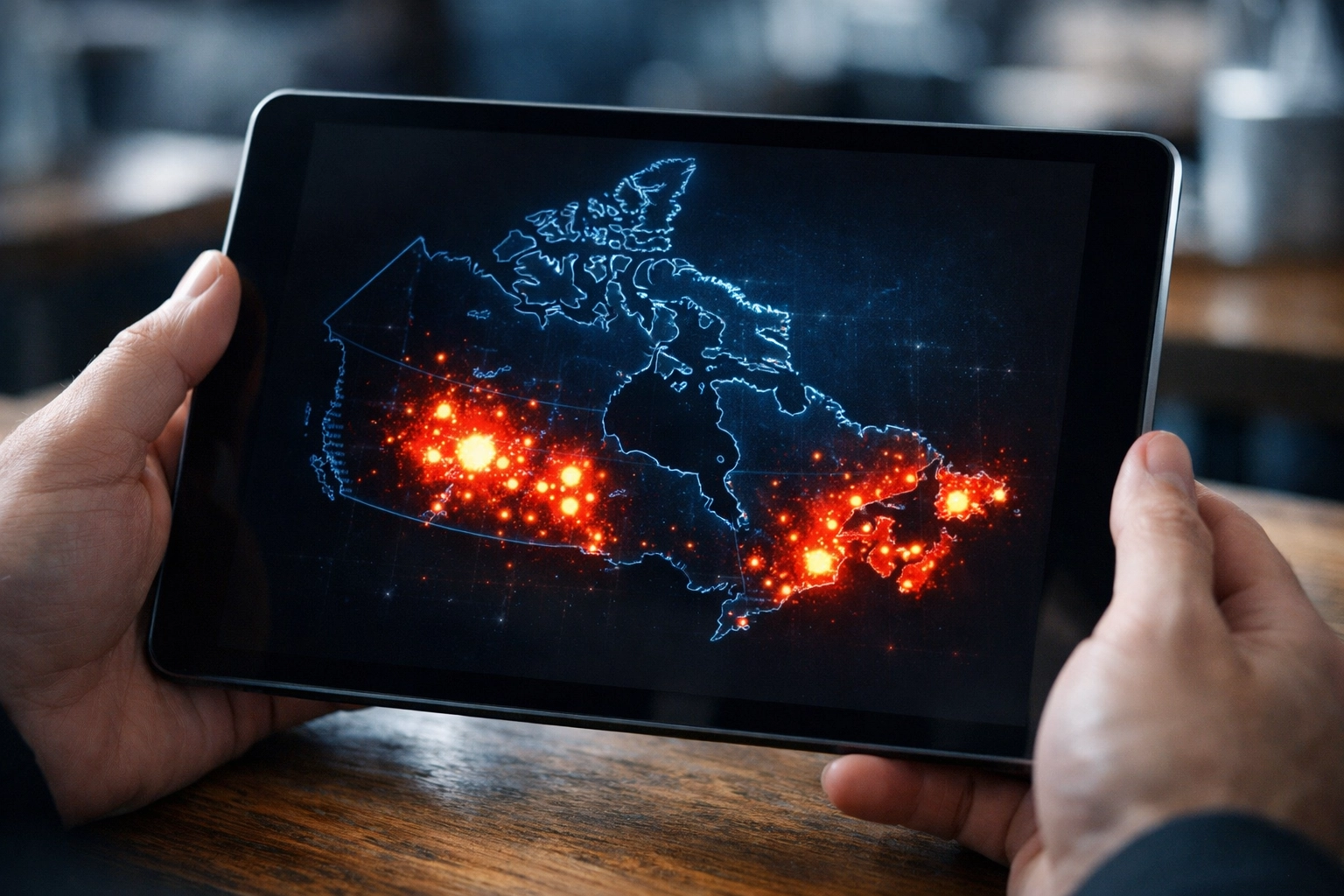 A digital map of Canada on a tablet showing glowing nodes of population shifts and regional growth trends.