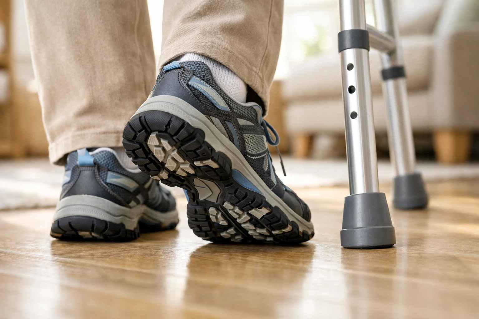 Non-slip walking shoes with rubber soles positioned next to walker legs for safety