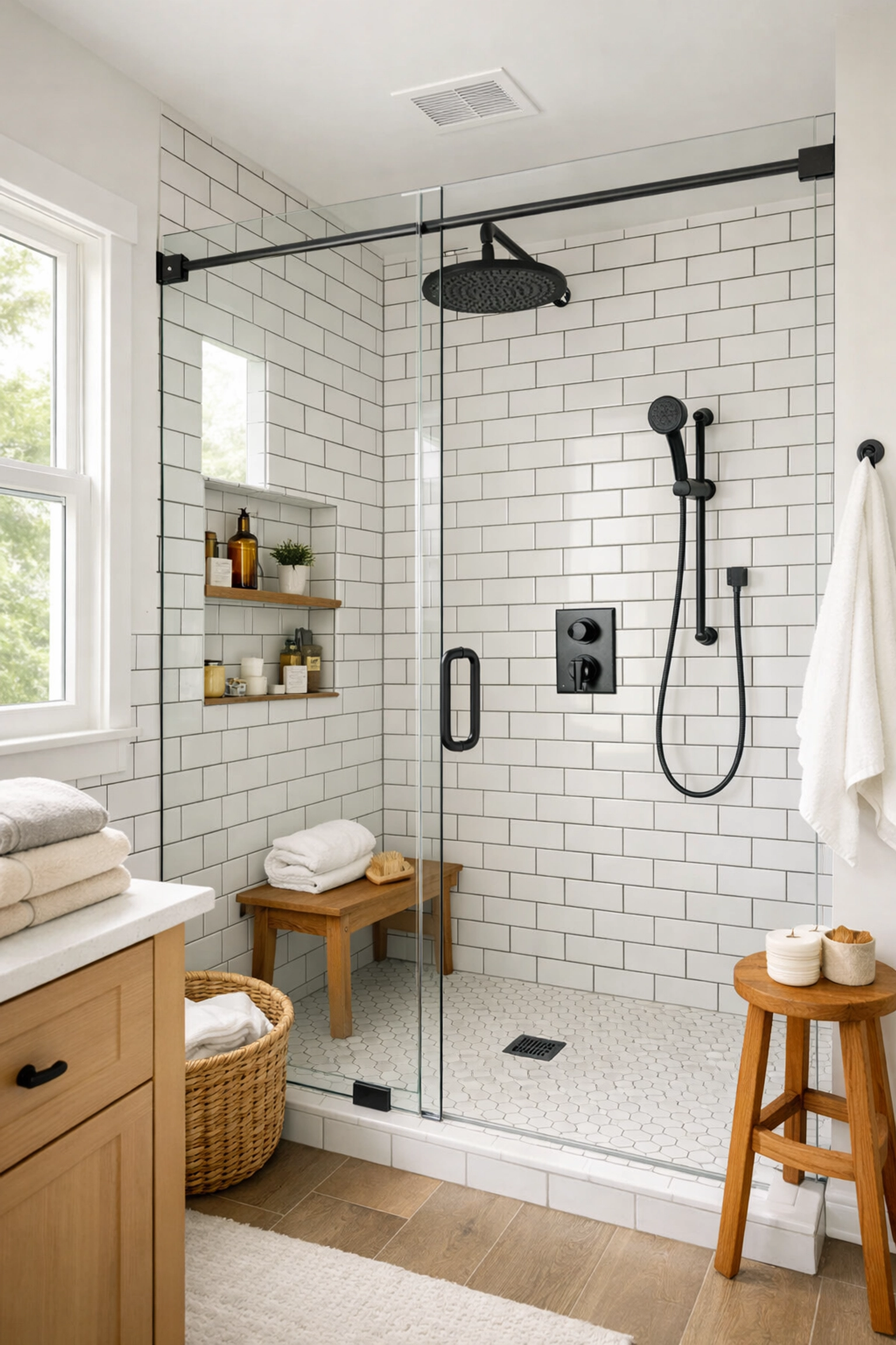 Modern walk-in shower with frameless glass enclosure in Orlando bathroom renovation