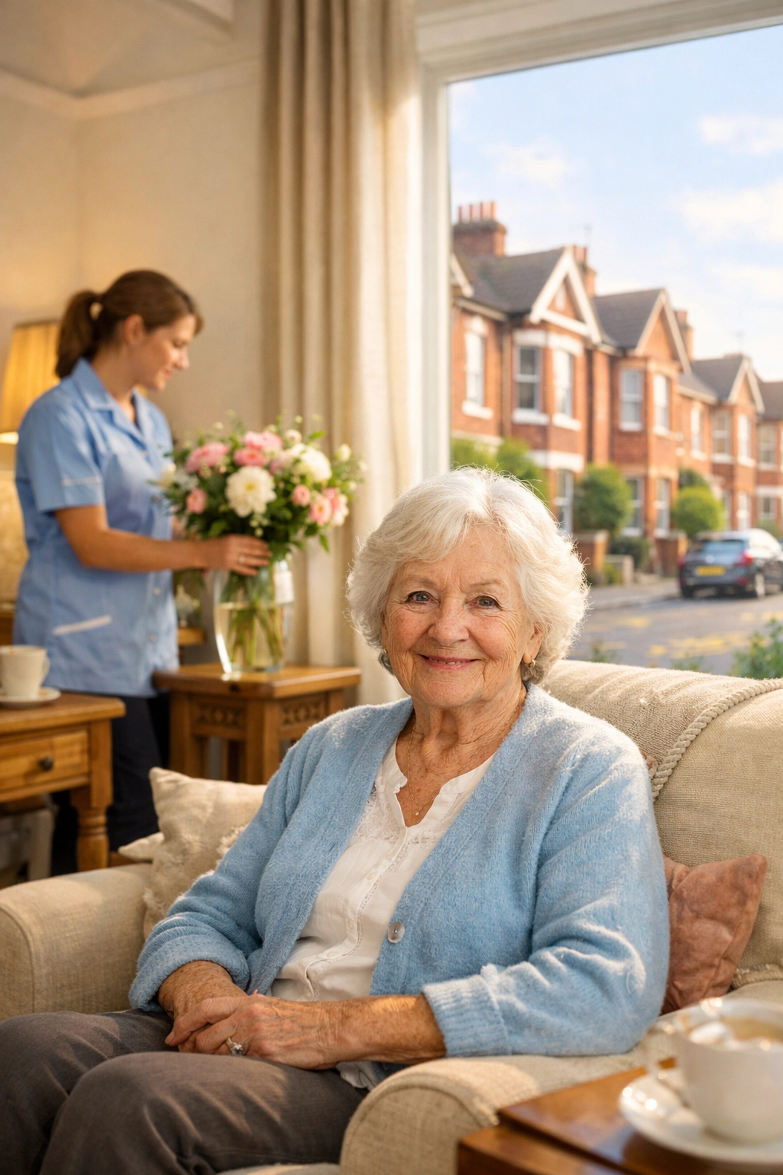 Elderly woman recovering at home in Southampton with professional live-in care support.