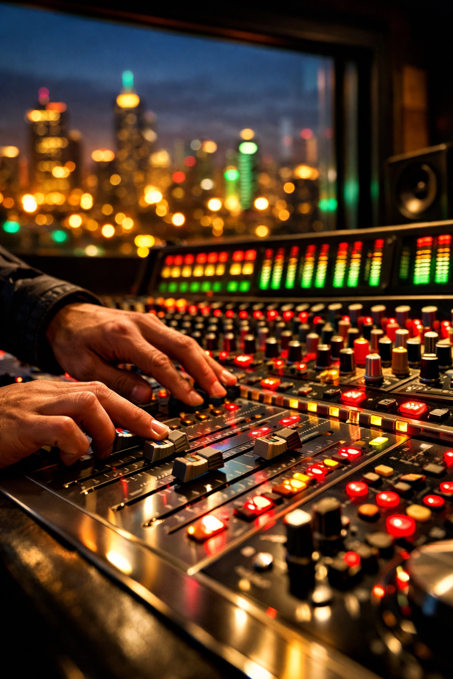 Professional music producer mixing custom audio on a console with glowing red, gold, and green lights.