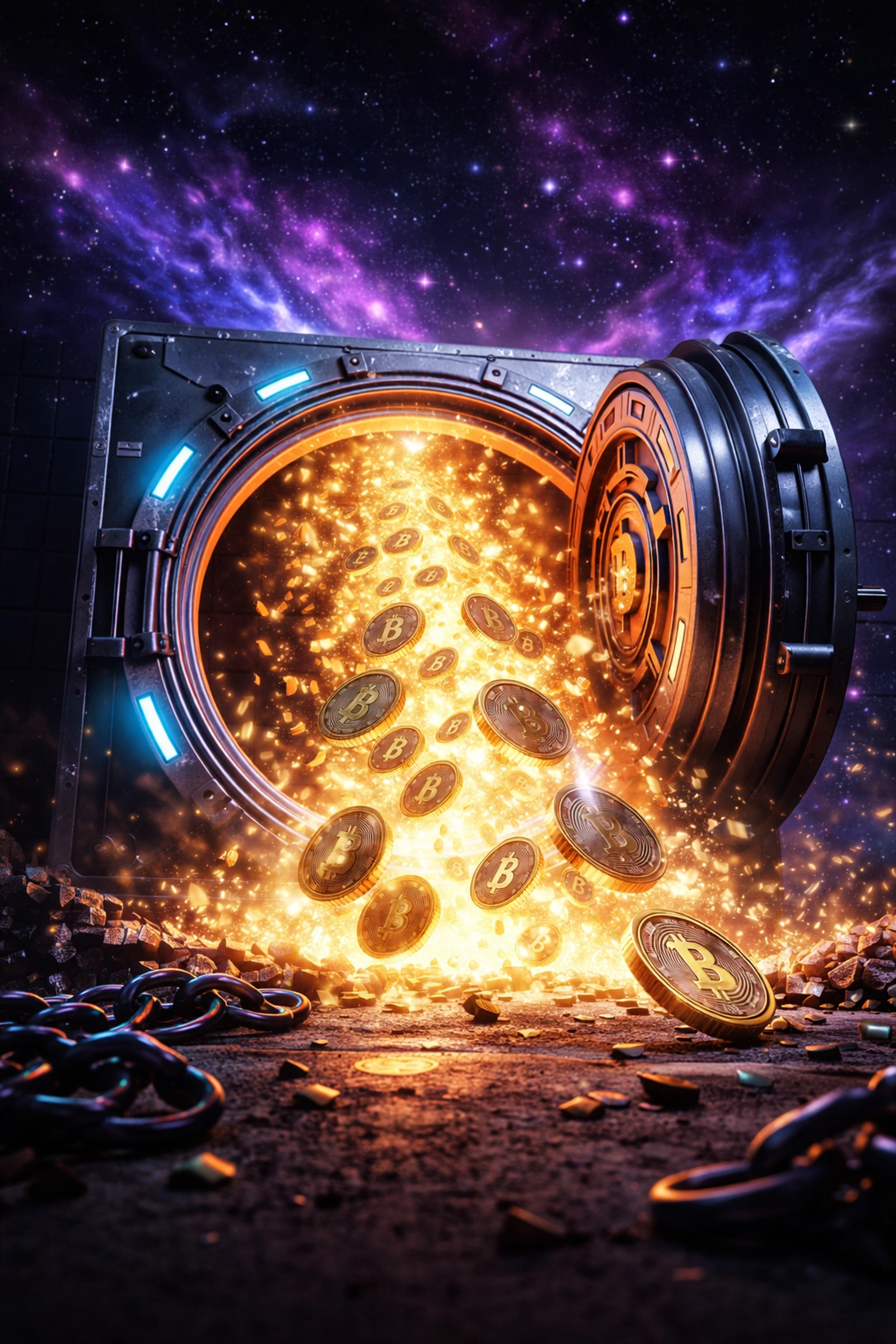 Open vault door in deep space releasing golden crypto coins, symbolizing crypto fee savings and payment freedom