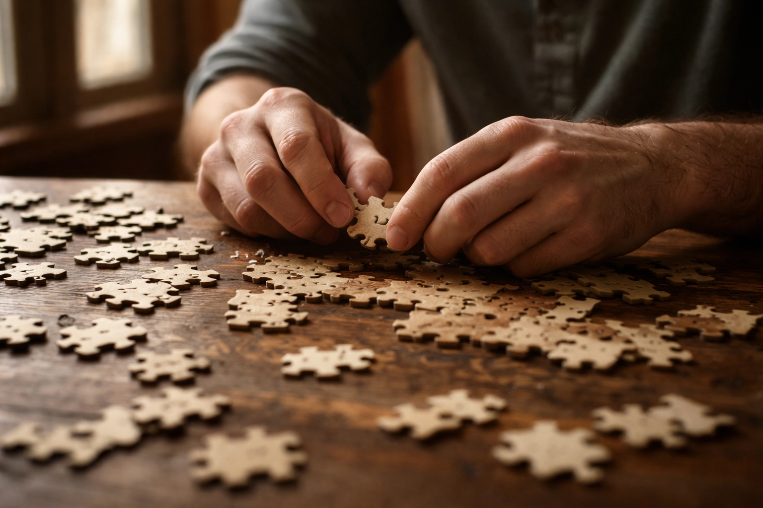 Férfi keze puzzle darabokat próbál összeilleszteni, a korai magömlés kezelésének nehézségeire célozva.