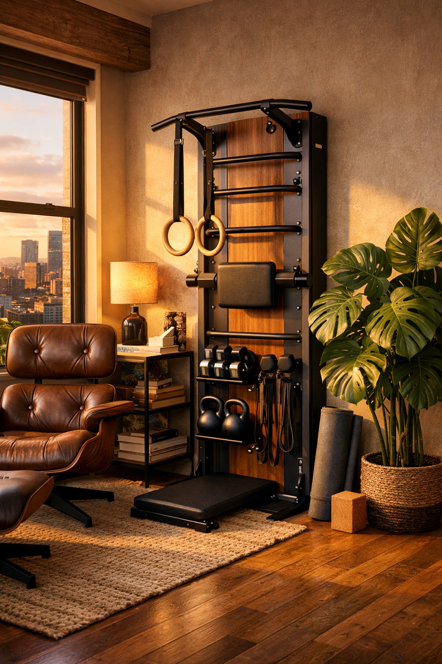 Compact floor-to-ceiling home gym system with gymnastic rings in a small studio apartment.