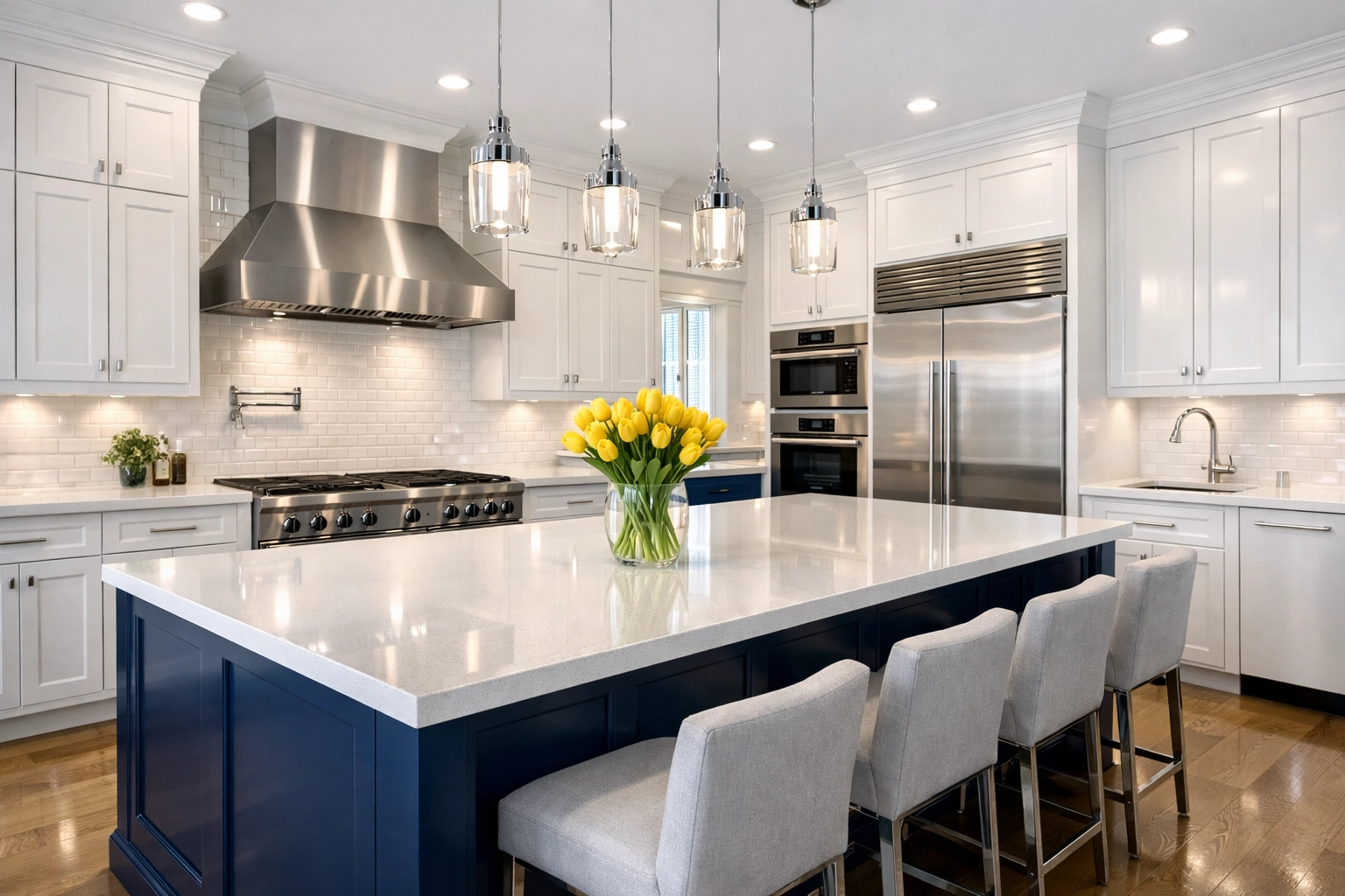 A luxury modern kitchen sparkling after a professional eco-friendly house cleaning service.