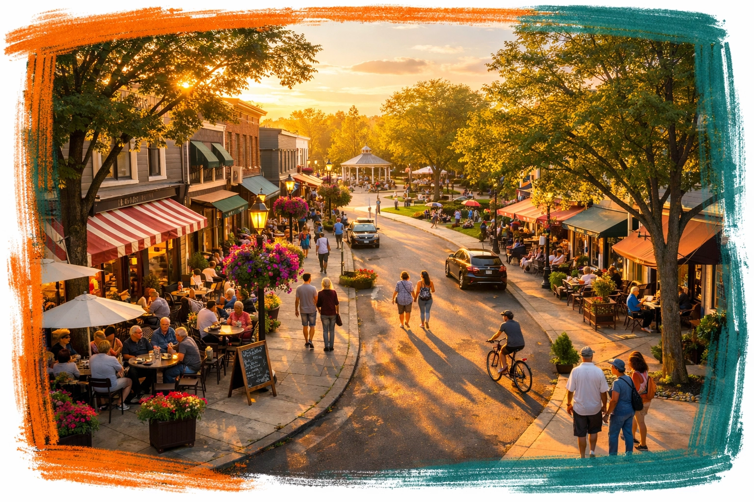 Tree-lined walkable neighborhood street in Philadelphia with pedestrians, cyclists, and local cafes Tree-lined walkable neighborhood street in Philadelphia with pedestrians, cyclists, and local cafes