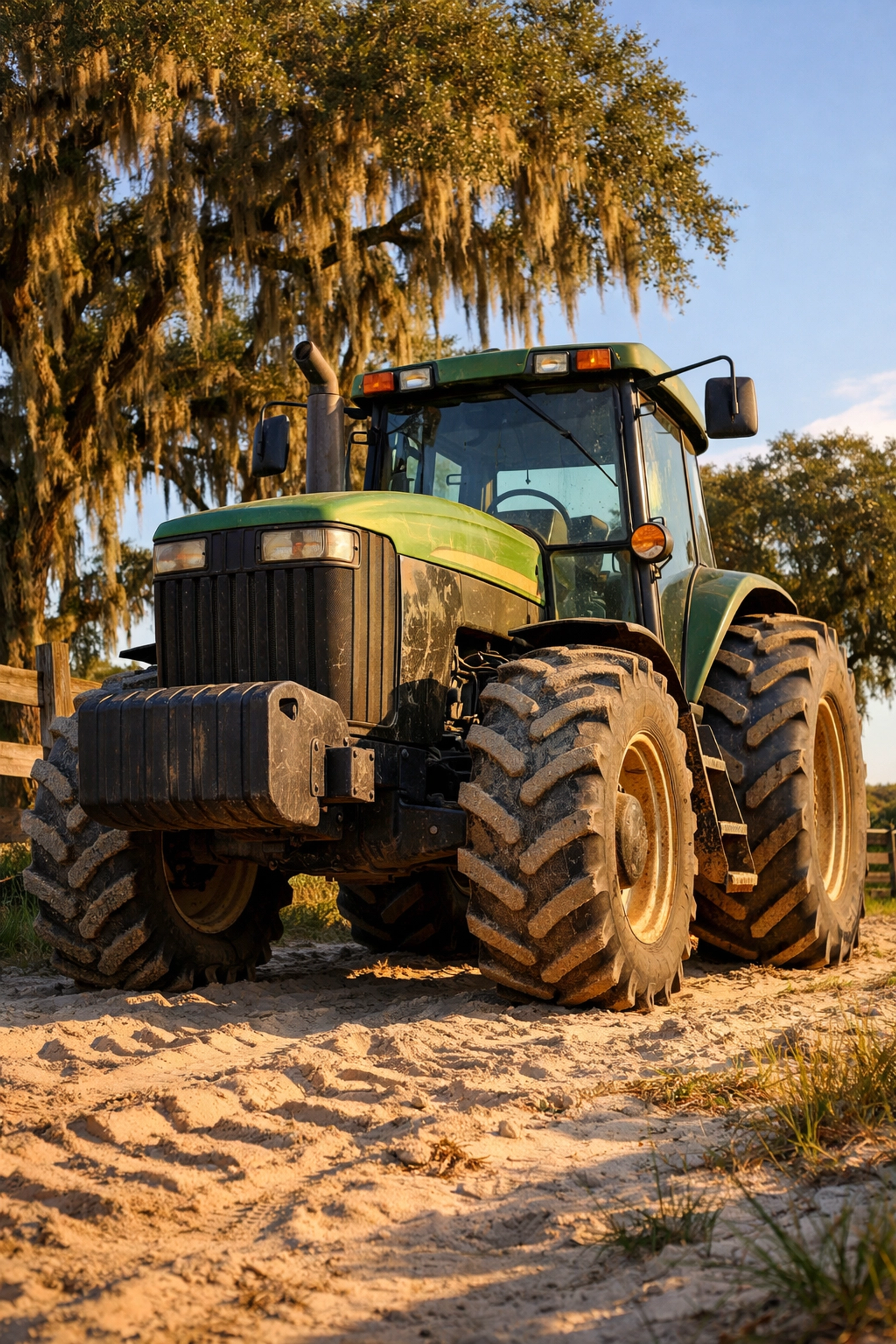 Reliable used tractor for sale parked on sandy Florida soil under mossy oak trees at sunset.
