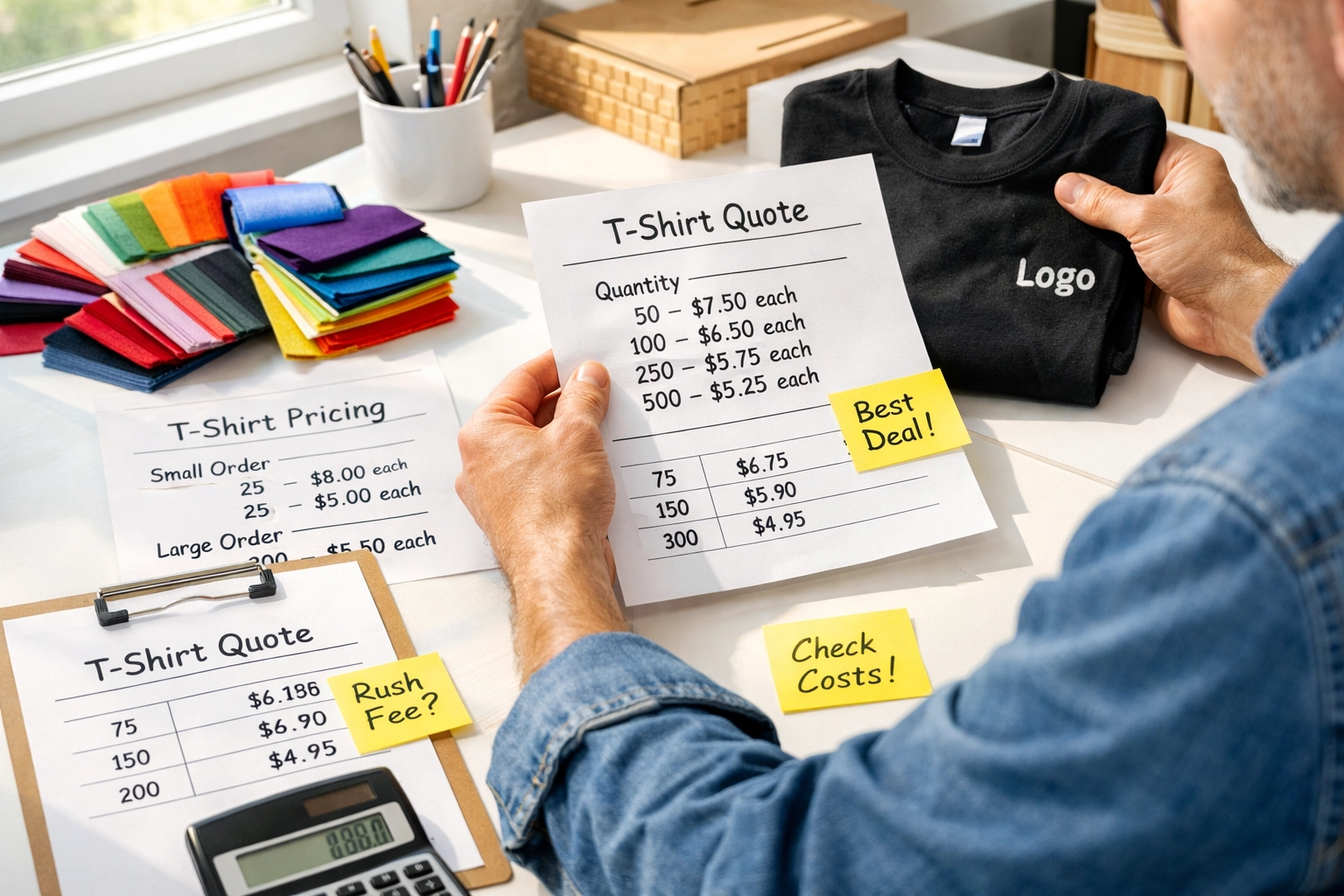 Small business owner reviewing custom t-shirt samples and screen printing price quotes