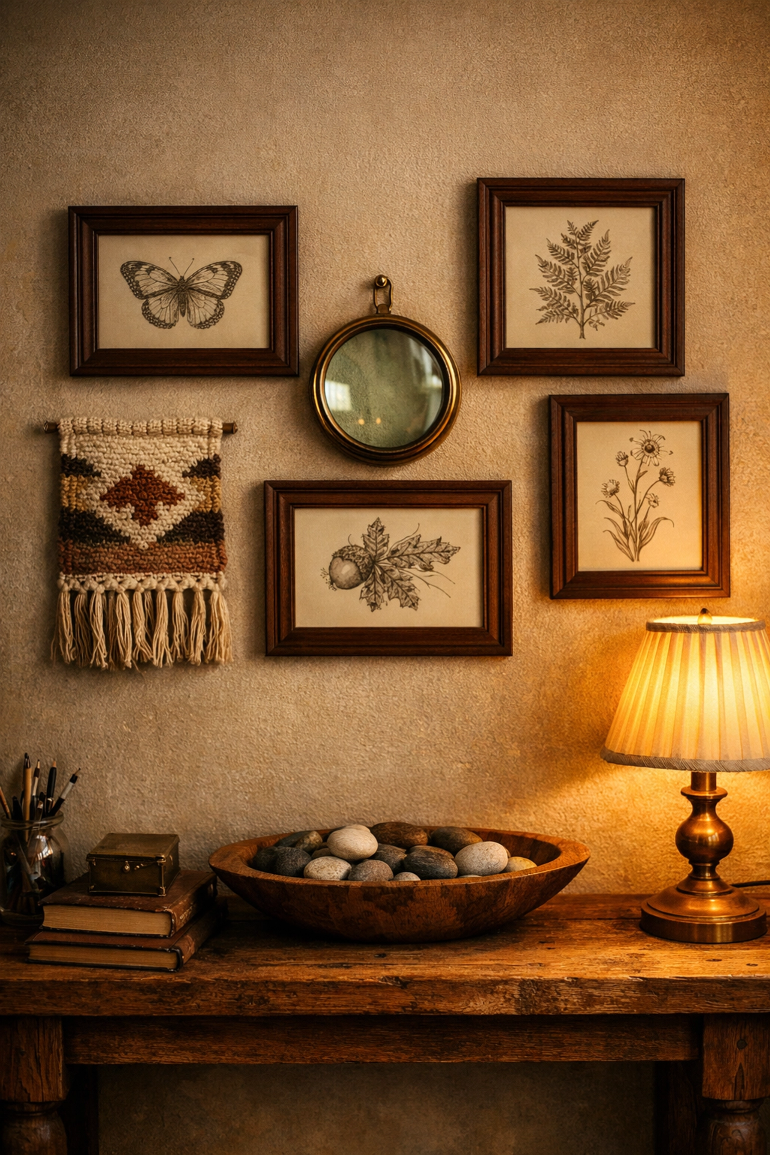A curated living gallery wall with botanical sketches and handcrafted gifts in a cozy home office.