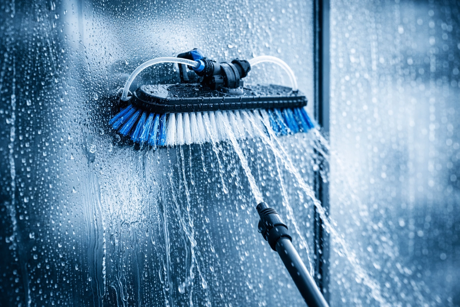 Window brush in action on glass, with pure water visibly wetting and rinsing the window (Water Fed Pole reference)