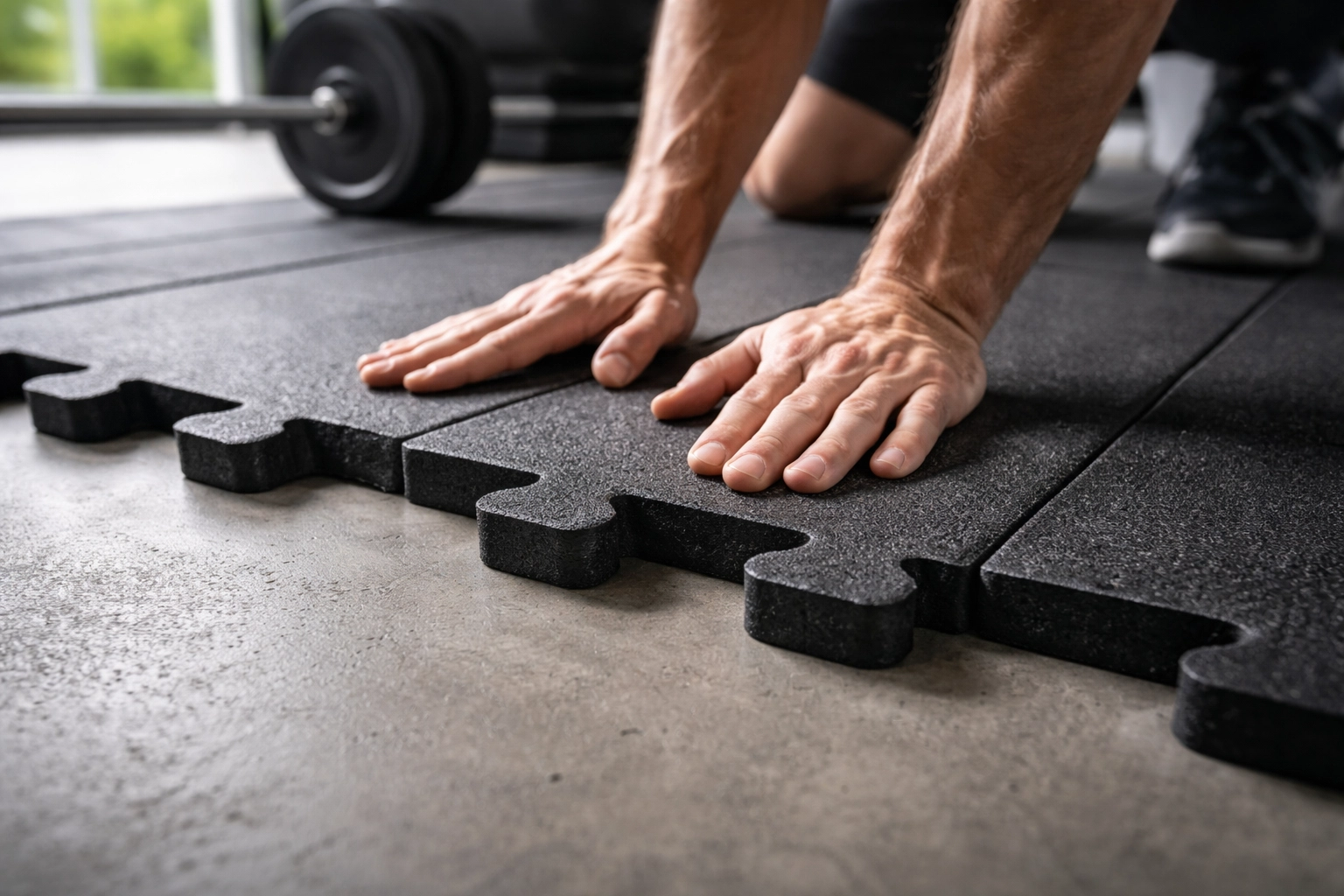 Close-up of interlocking rubber gym floor tiles being installed in a home gym to protect floors during intense workouts.