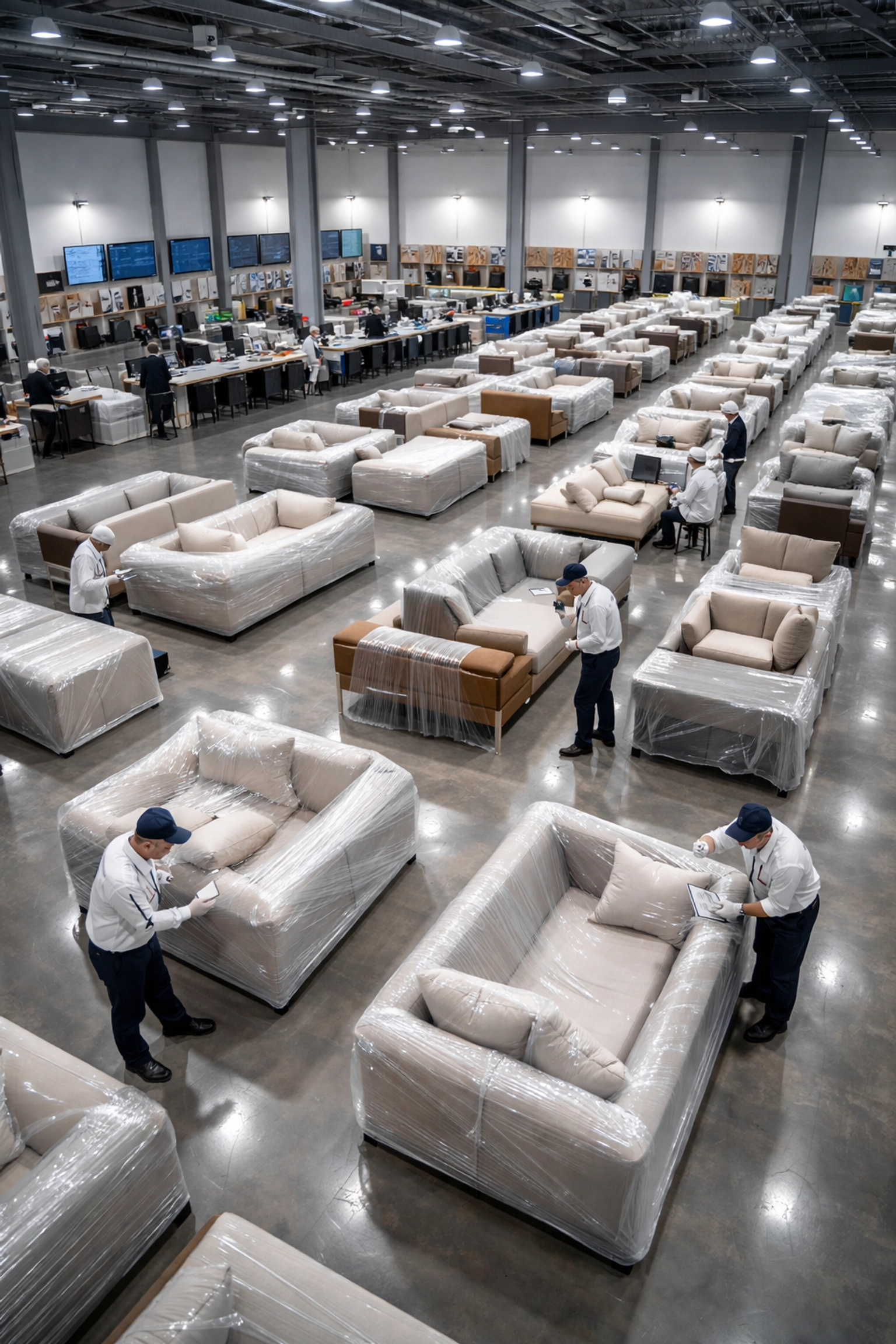 Organized logistics center with luxury furniture packed for shipment, showing streamlined procurement and fulfillment