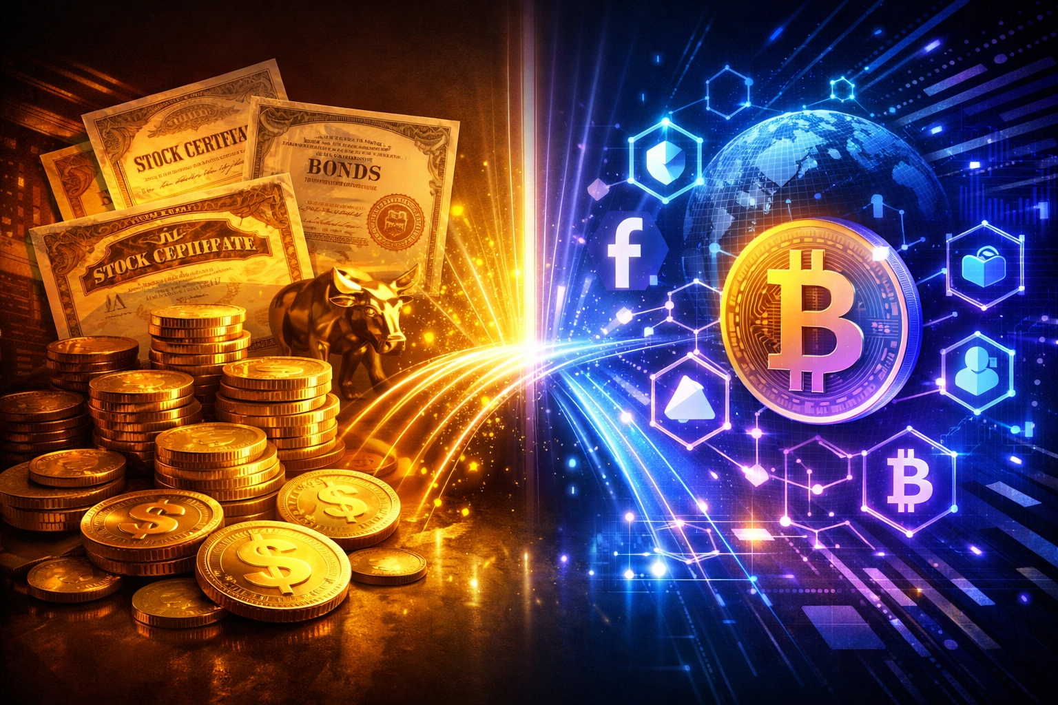 Traditional assets and digital cryptocurrency strategies merging in modern portfolio