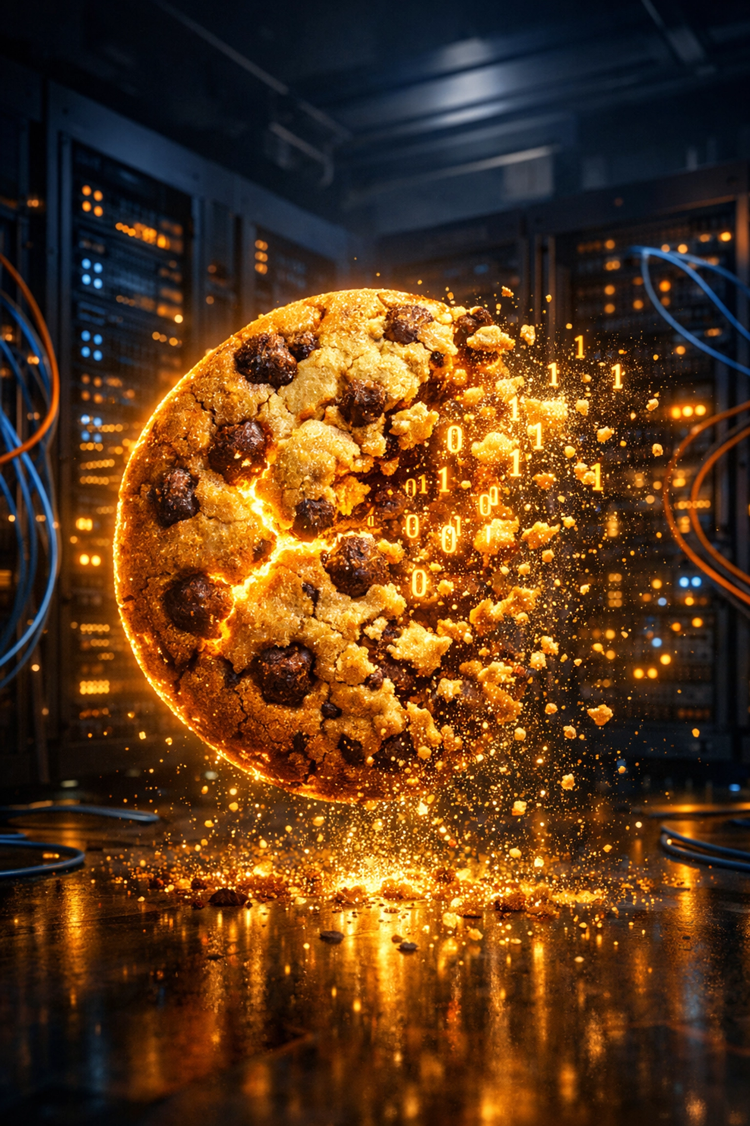 A digital cookie disintegrating into gold dust, symbolizing the transition from third-party cookies to first-party data gold.