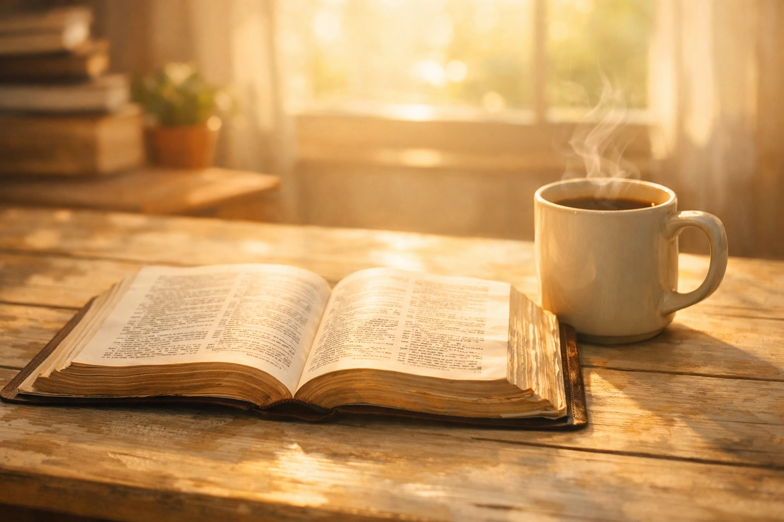 Open Bible and coffee on a sunlit table, representing quiet daily devotion and finding peace at Boundless Online Church.