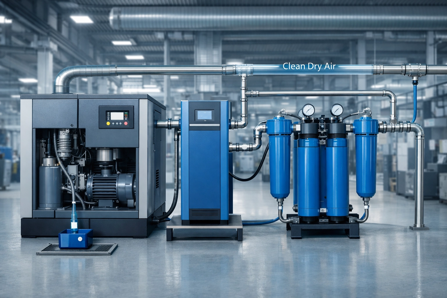 Integrated PMV screw air compressor station with air dryer and tank in a modern manufacturing facility.