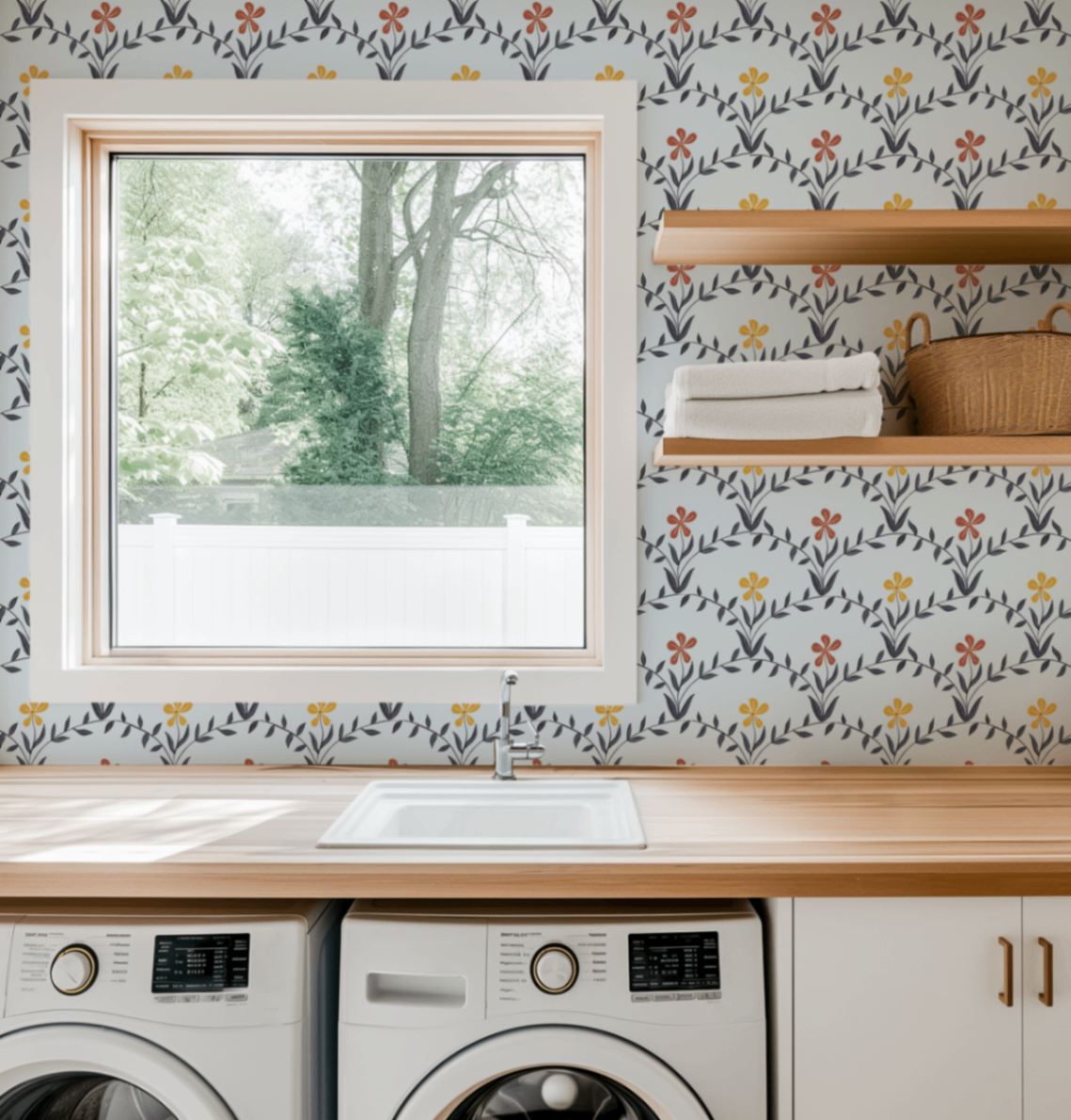 Modern Laundry Room with Floral Wallpaper