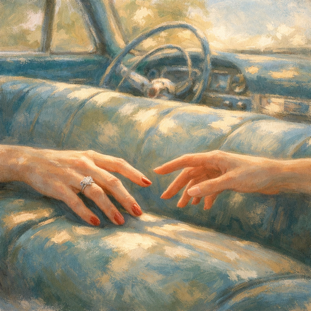 Two women's hands reaching across car seat depicting forbidden sapphic love in The Price of Salt