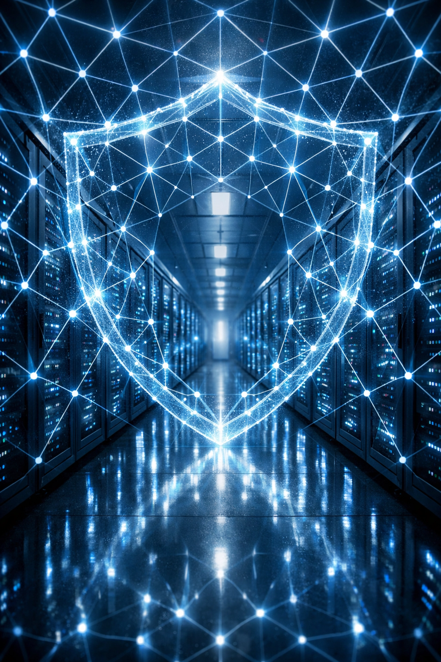 Secure data center with digital shield representing enterprise-grade cloud call center security.