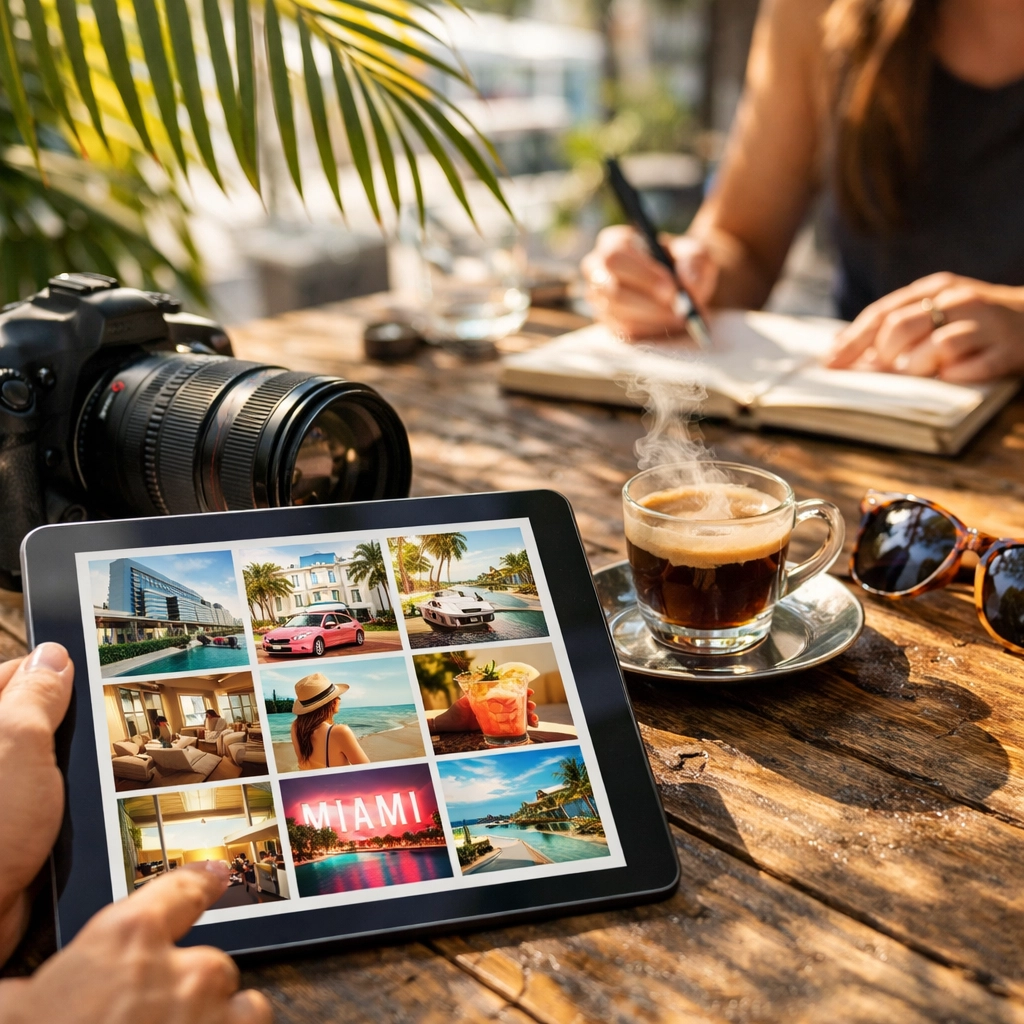 Creative brand photography strategy session at a Miami cafe with a mood board and camera gear.