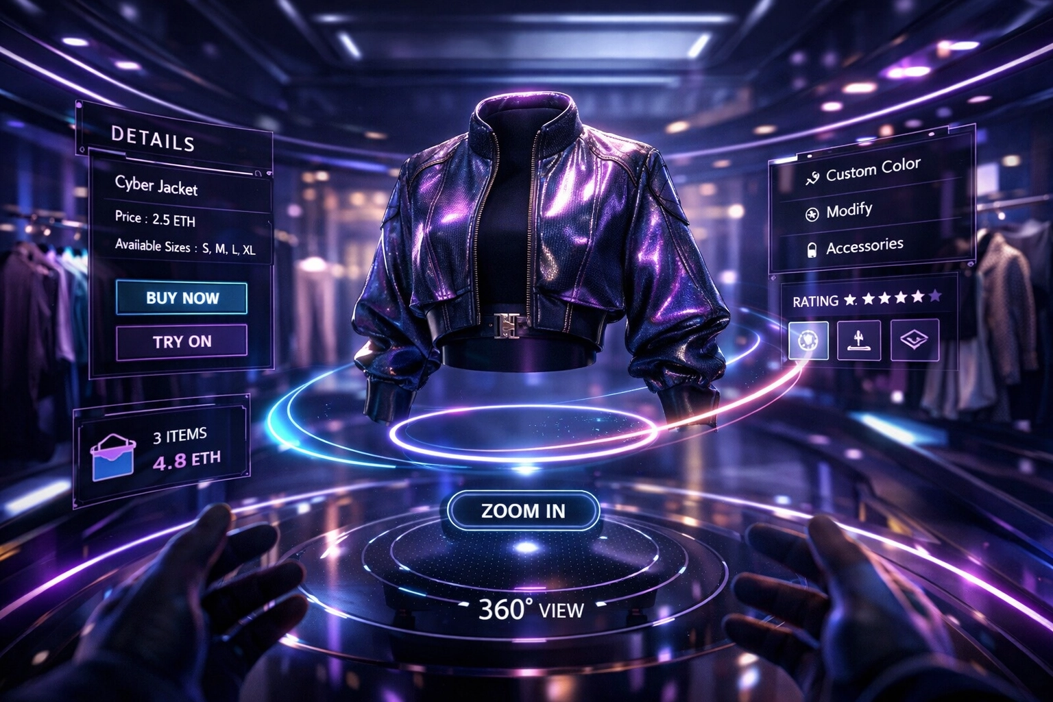 A futuristic metaverse boutique using Larecoin.ai spatial intelligence for personalized virtual shopping.