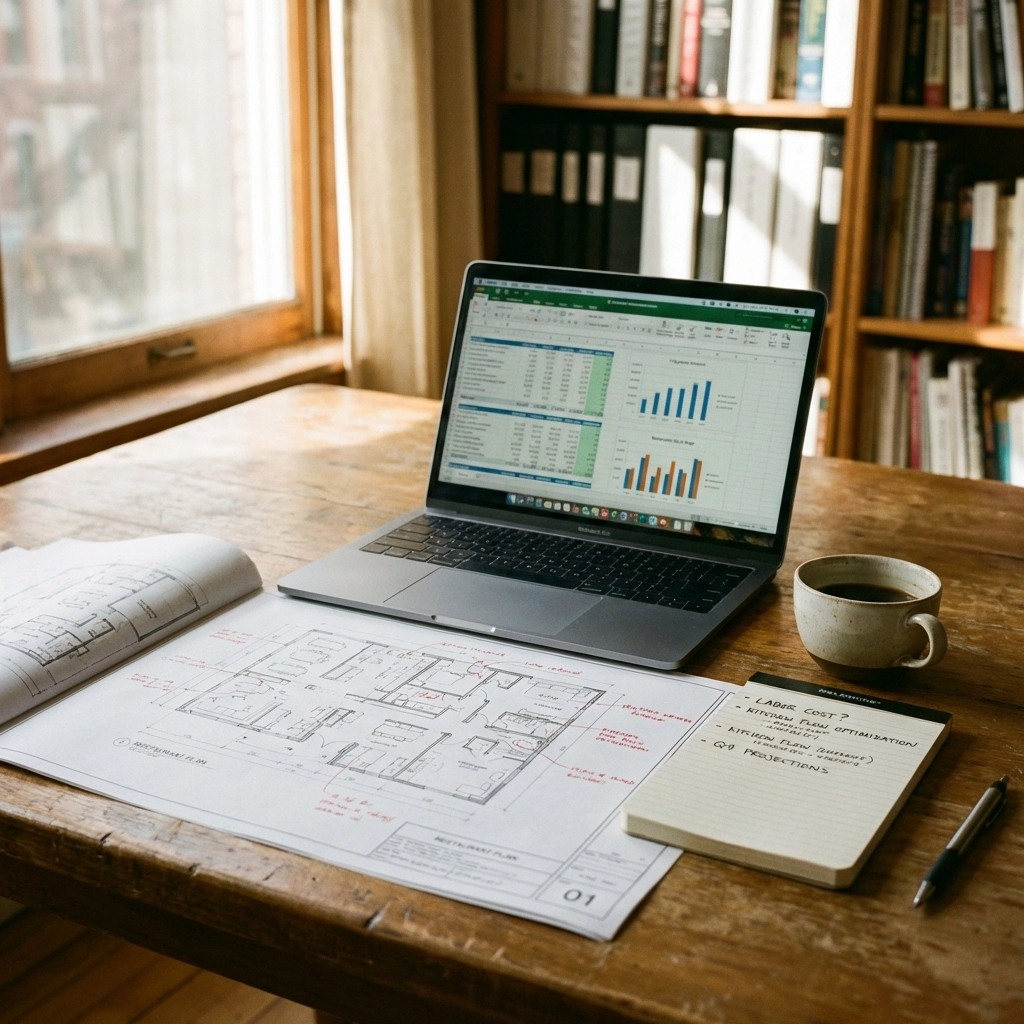 Restaurant feasibility study workspace with financial charts, blueprints, and planning documents for concept development