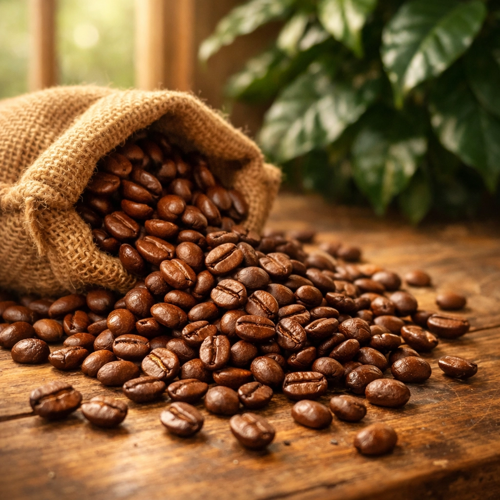 Fresh roasted Colombian coffee beans spilling from burlap sack showing medium roast quality