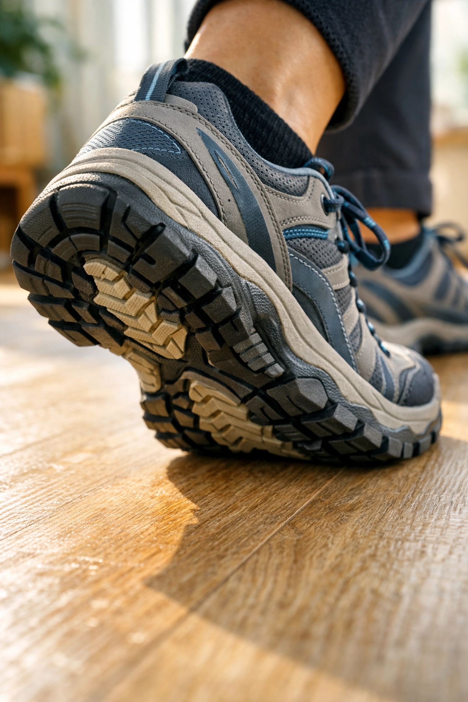 Close-up of supportive non-slip walking shoes providing stability and traction on a clean indoor floor.