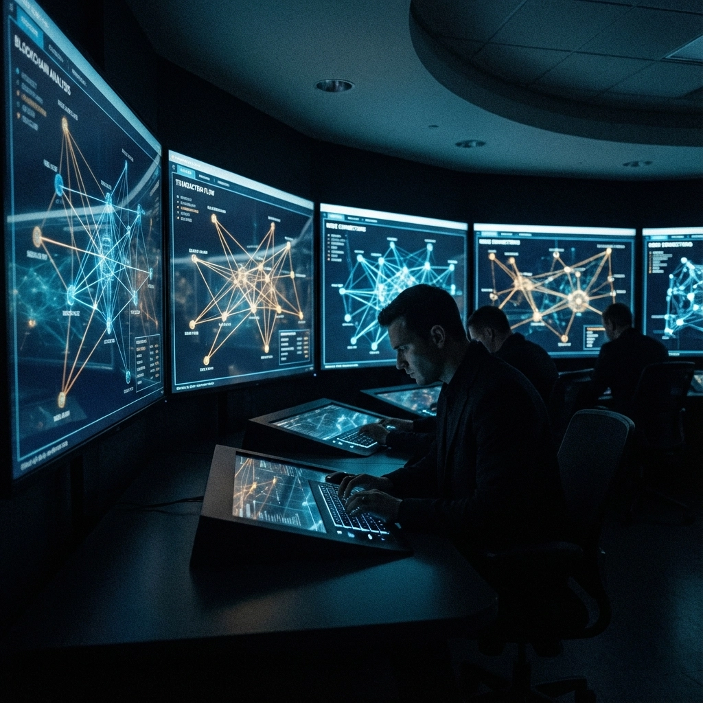 Investigators reviewing a crypto wallet analysis network map — law enforcement cryptocurrency tools, crypto wallet analysis