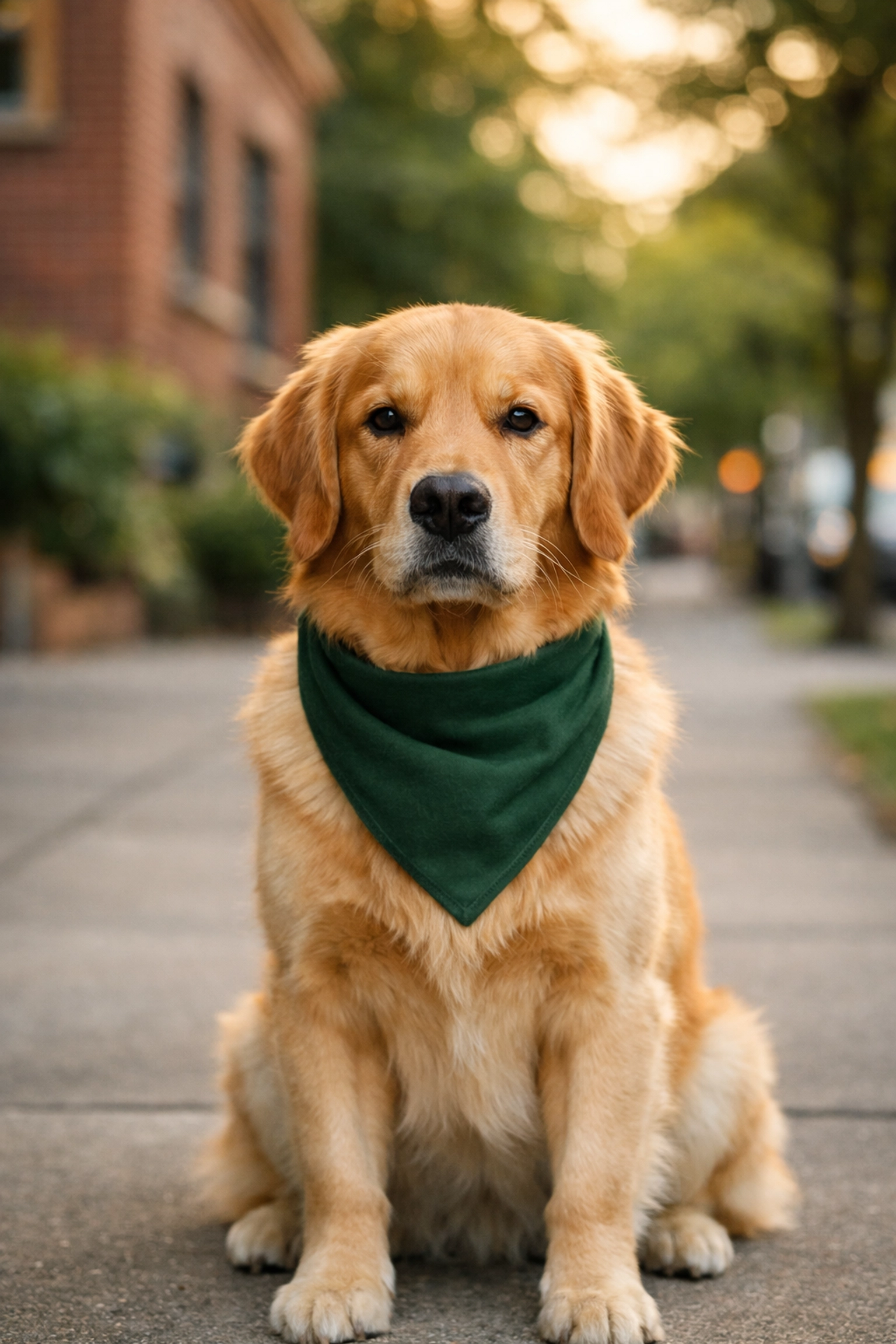 Golden Retriever sitting on a Portland sidewalk practicing therapy dog training in Oregon.