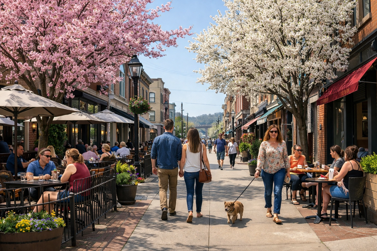 Bright spring street scene in Cincinnati with local shops, patio seating, flowering trees, and an inviting neighborhood atmosphere.
