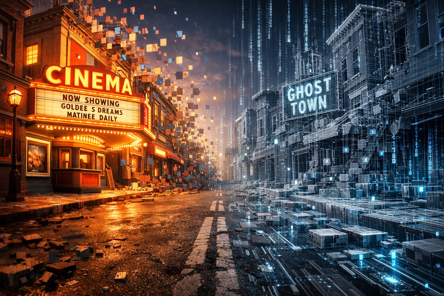 A movie studio street dissolving into digital pixels, illustrating a ghost town in corporate news India.