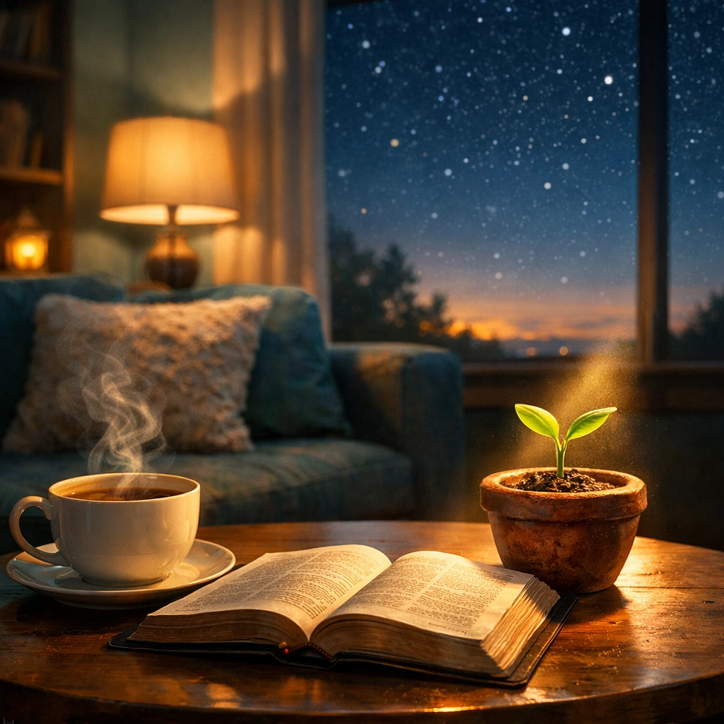 An open Bible and a growing sprout in a cozy room, symbolizing hope and faith-based mental health reflection.