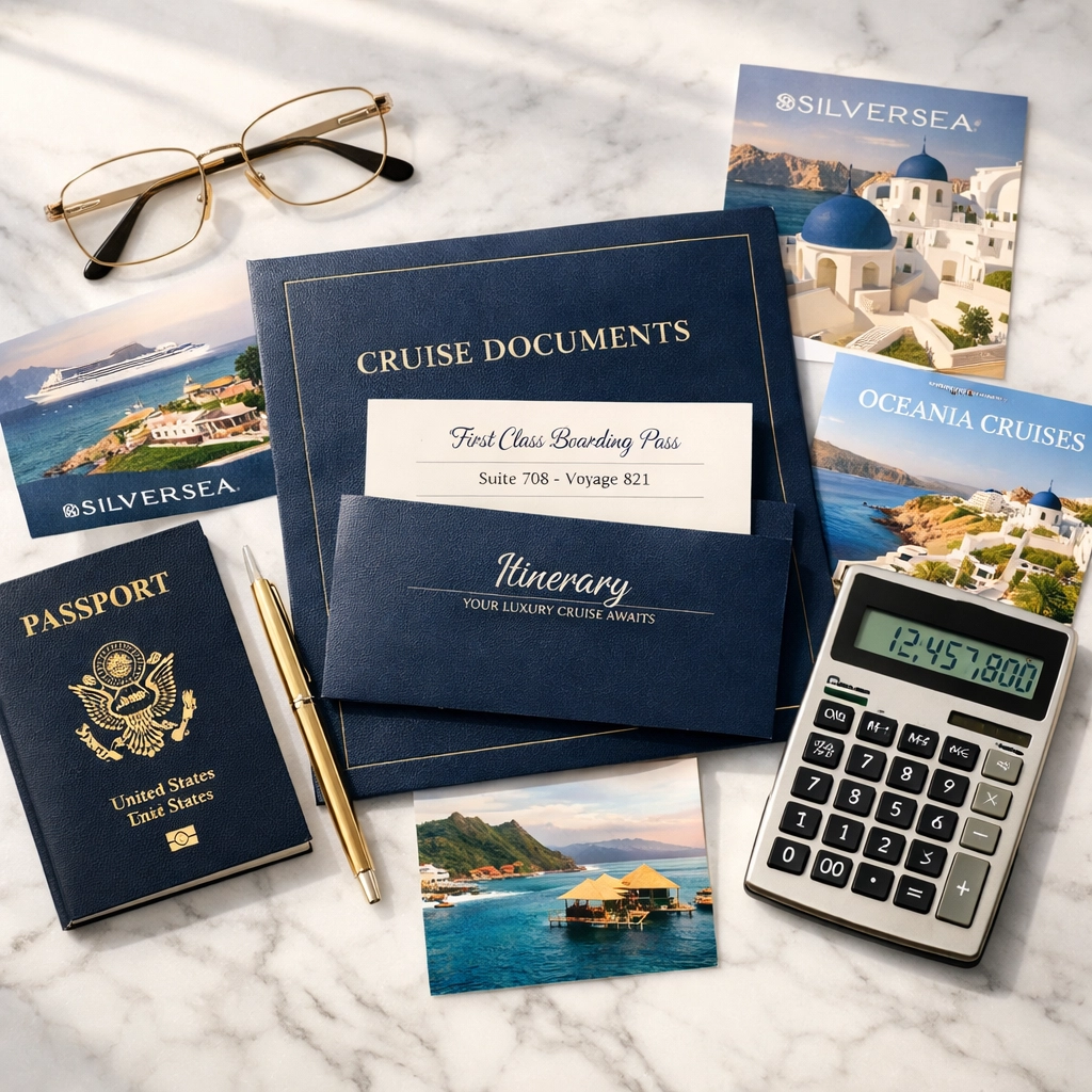 Luxury cruise planning documents and passport for solo traveler