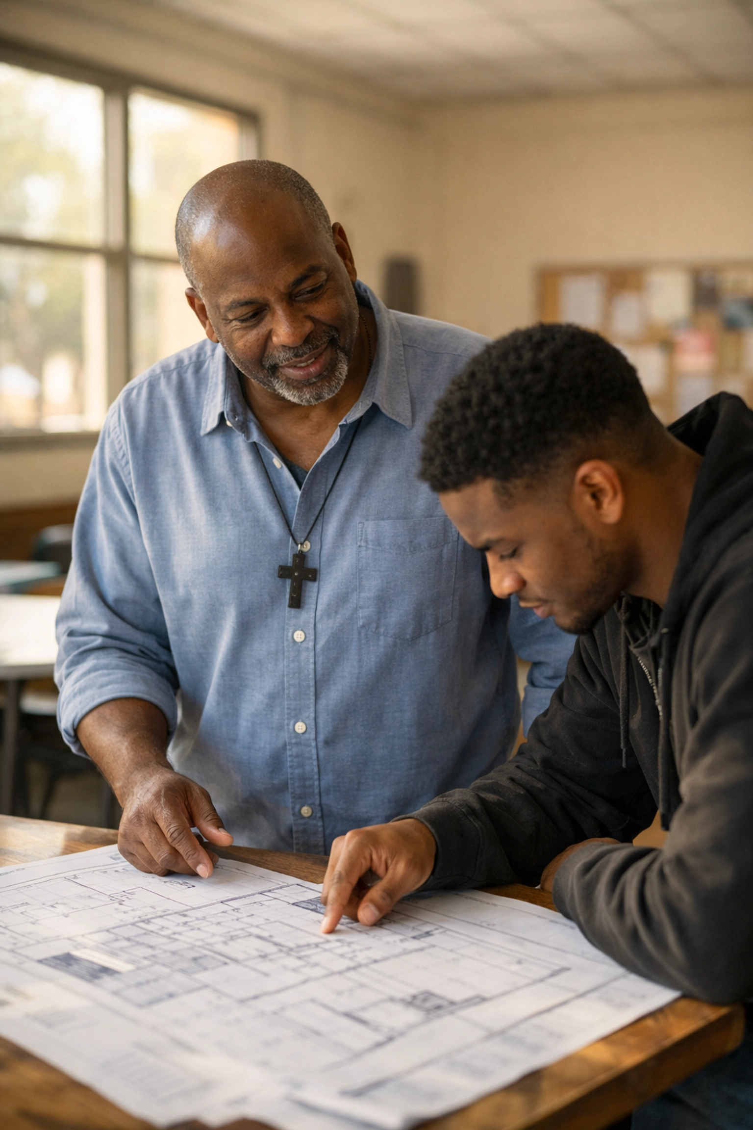 Pastor mentoring a young entrepreneur, highlighting faith-based economic development and church community impact.