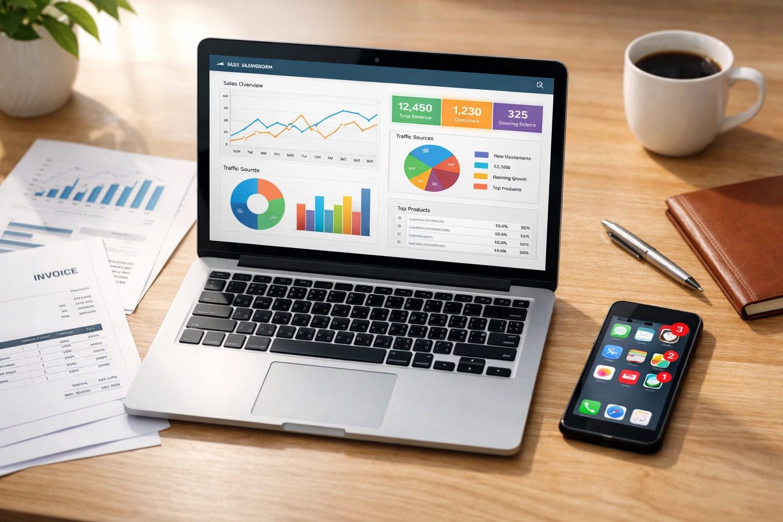 Business automation dashboard showing expense tracking and invoice management analytics