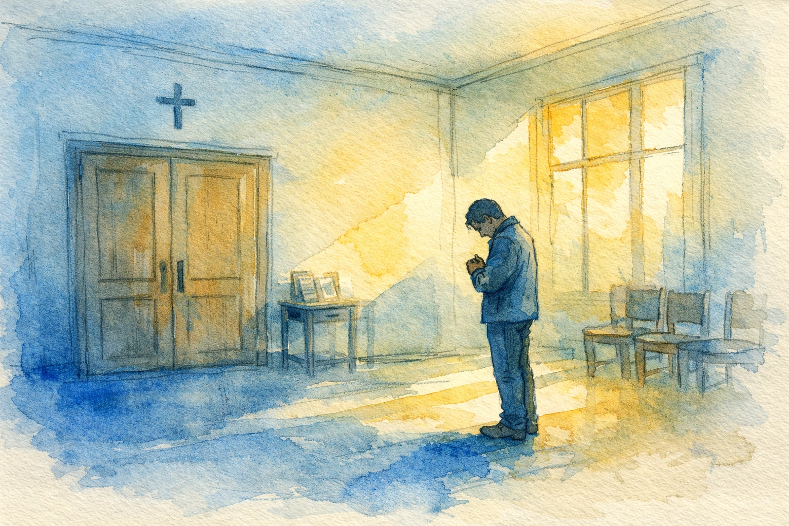 Church volunteer praying quietly in foyer seeking spiritual renewal before service