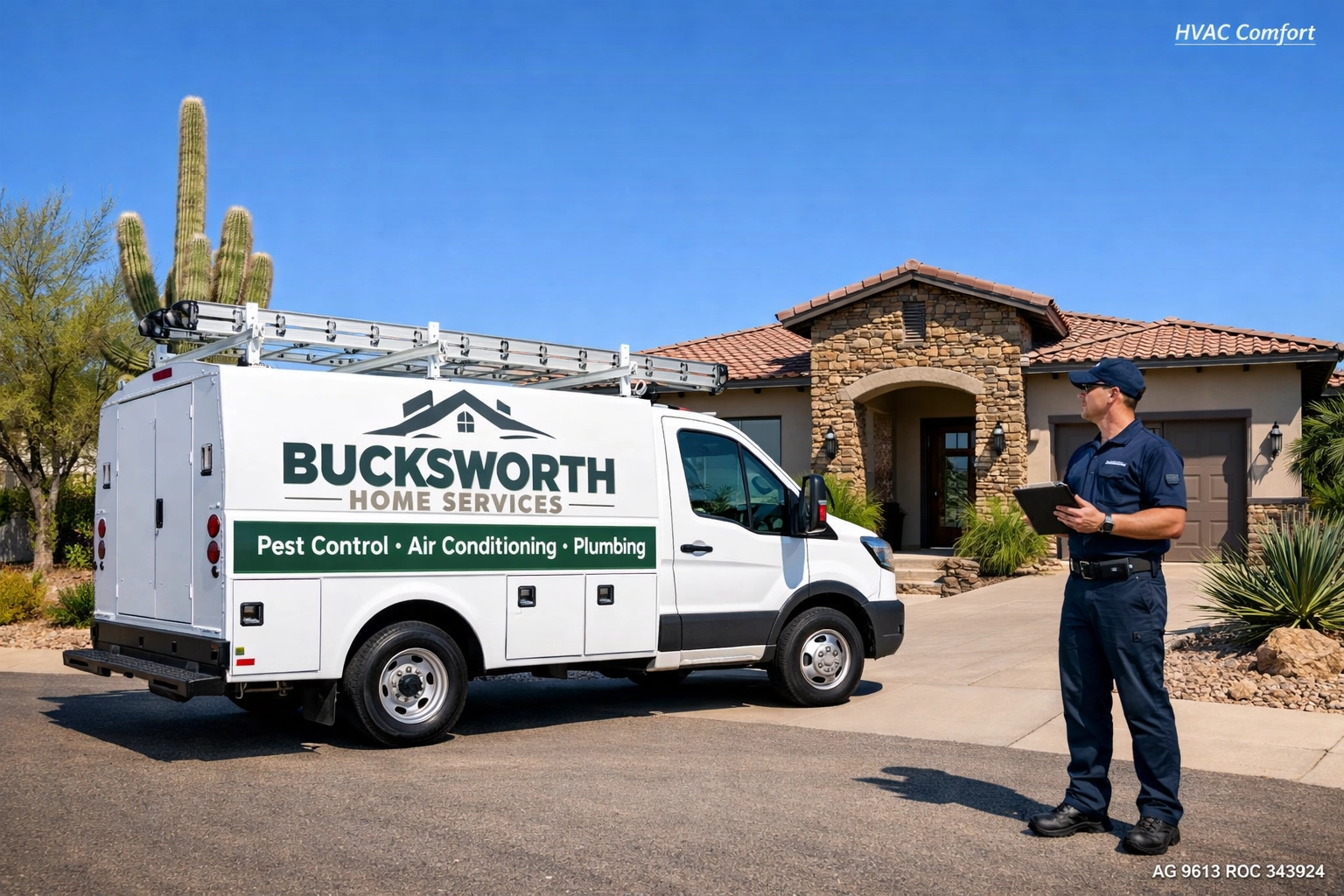 Bucksworth Home Services truck and technician at a Casa Grande home for energy efficiency upgrades.