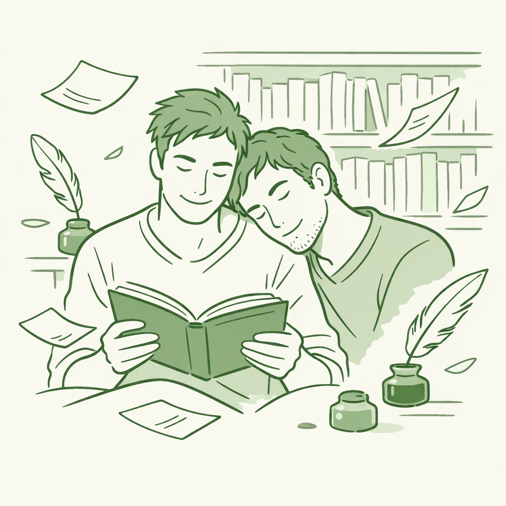 Two men reading together in library - literary MM romance with emotional intimacy