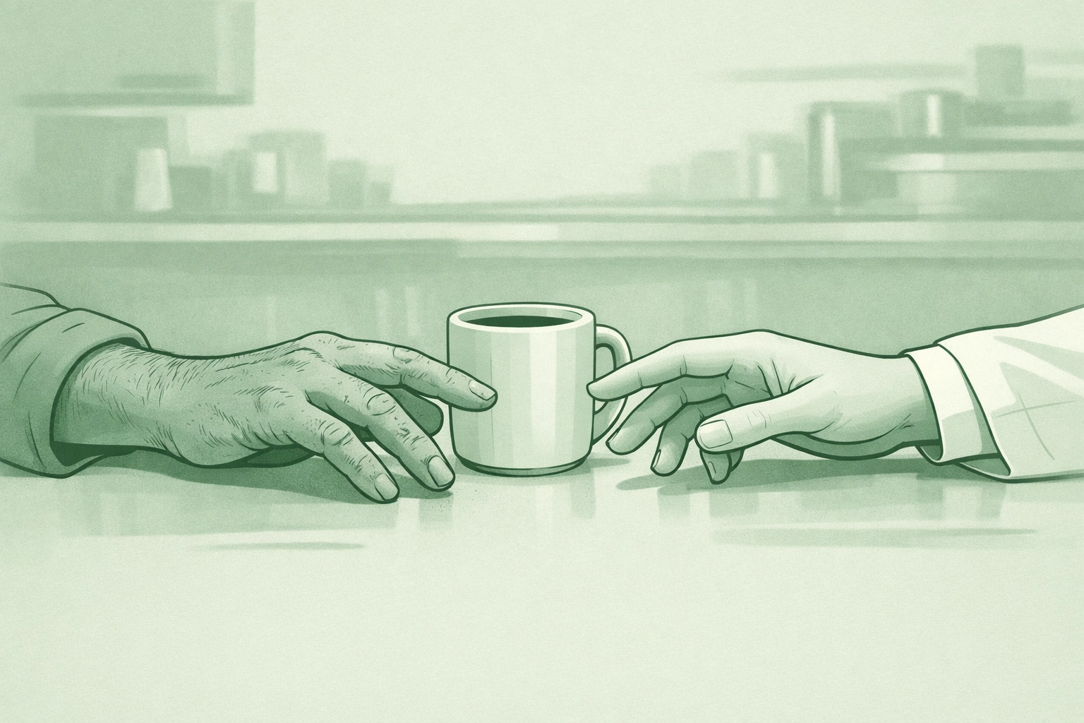 Two men's hands nearly touching over coffee cup, slow-burn MM romance moment