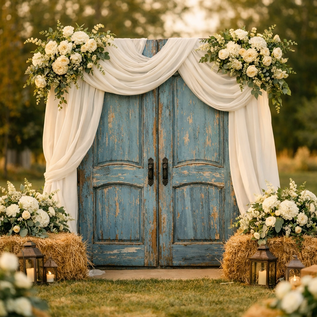 Distressed blue barn door backdrop with white fabric for wedding rentals in Fort Wayne Northeast Indiana.