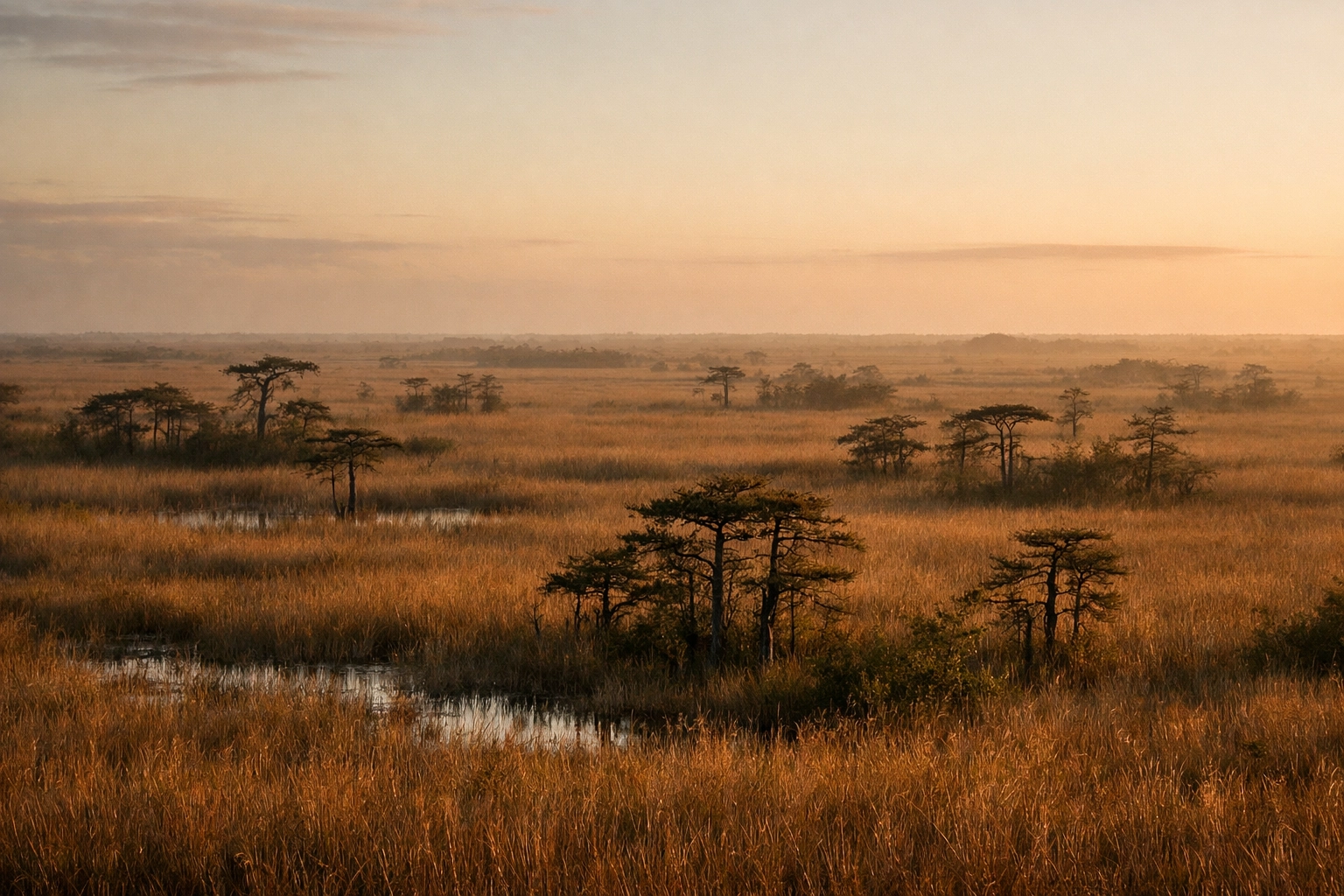 Landscape photography of cypress tree silhouettes at Pahayokee Overlook during an Everglades golden hour.
