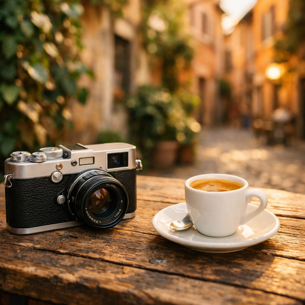 Compact mirrorless camera for travel photography sitting on a cafe table in a European alleyway.