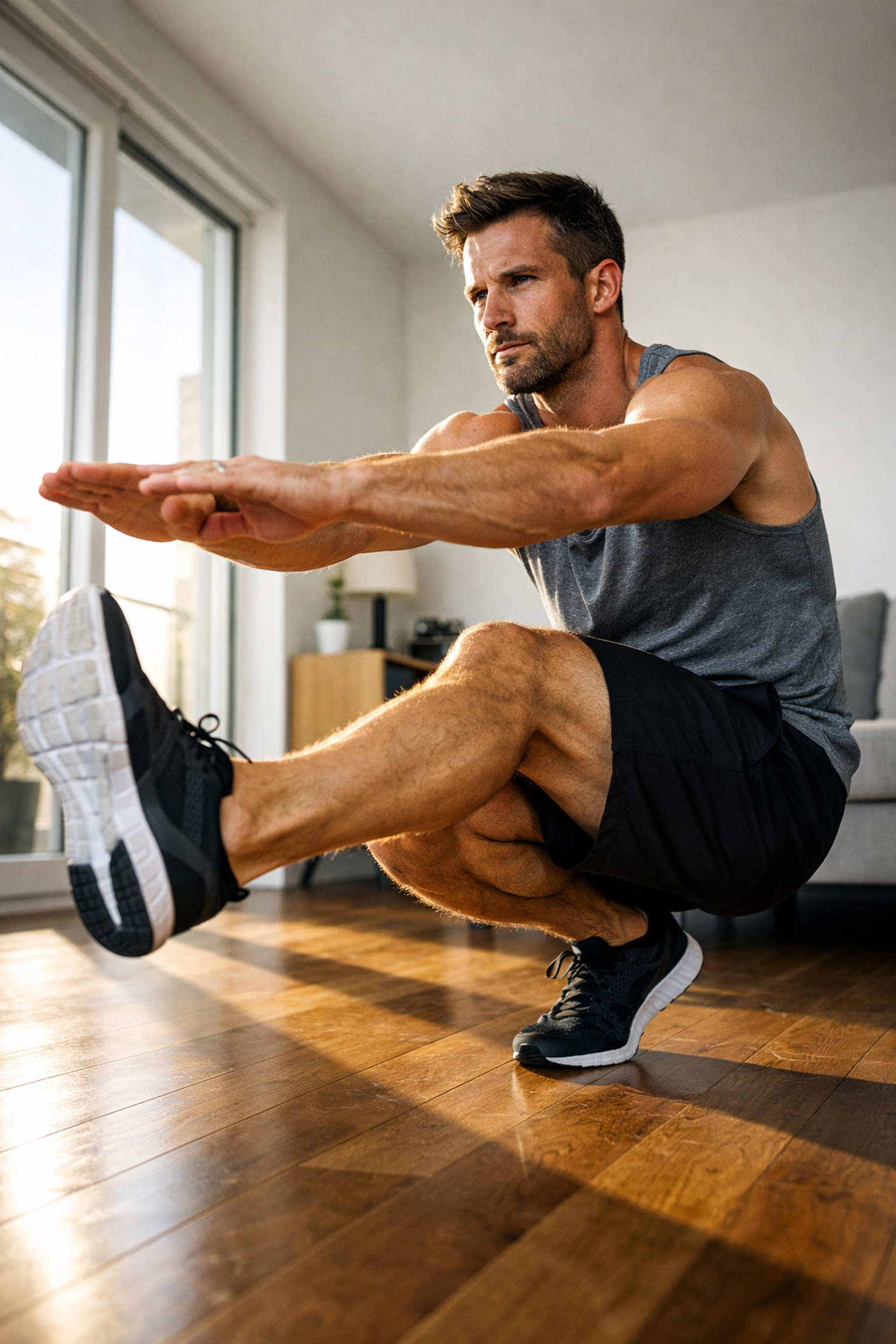 Athlete performing pistol squat bodyweight exercise in home living room for full body workout