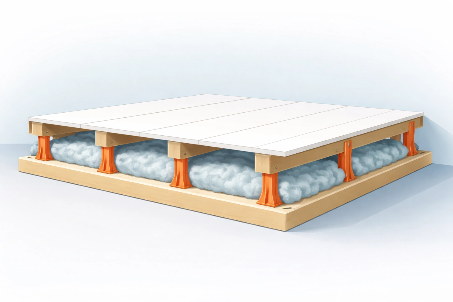 Side view of loft boards elevated on loft legs above mineral wool insulation for optimal storage