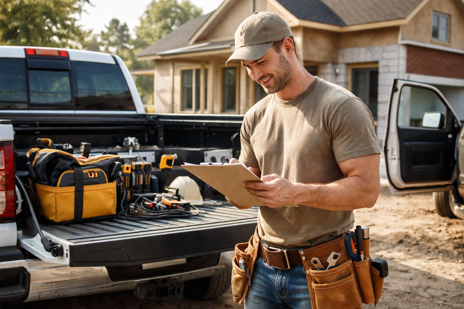Contractor with organized tools at a suburban job site demonstrates the need for business vehicle and commercial auto insurance.