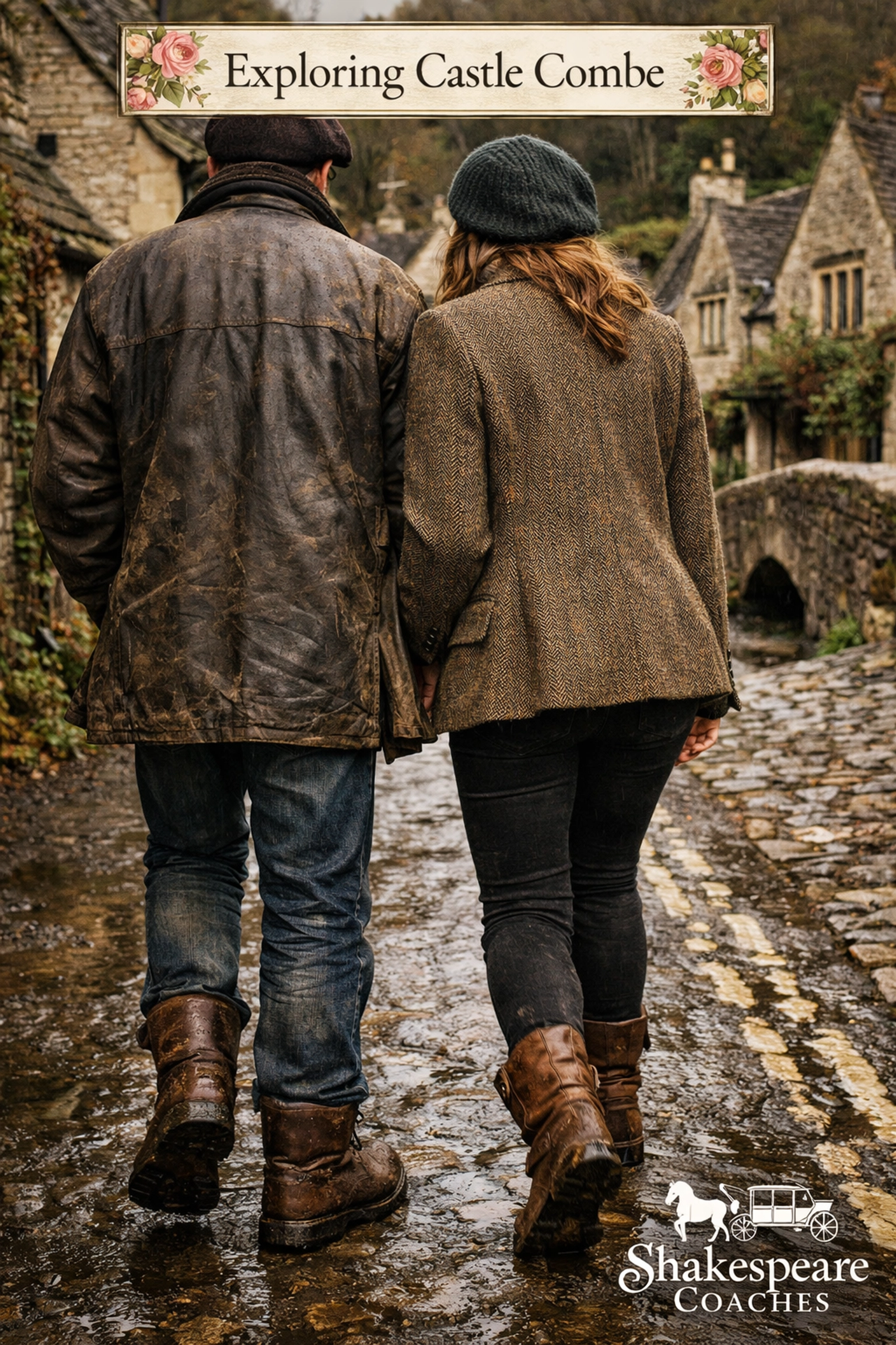 Couple in Cotswold chic fashion wearing tweed and leather boots on the cobblestones of Castle Combe.