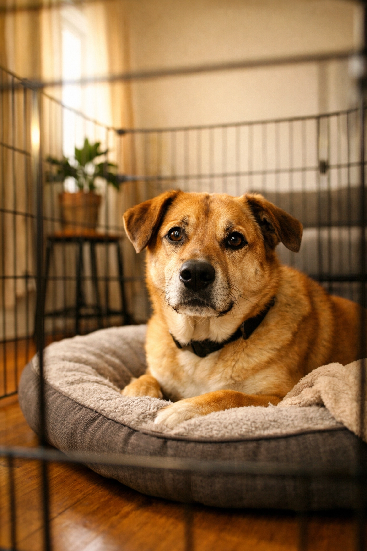 Rescue dog resting peacefully in a safe gated area during adoption adjustment period